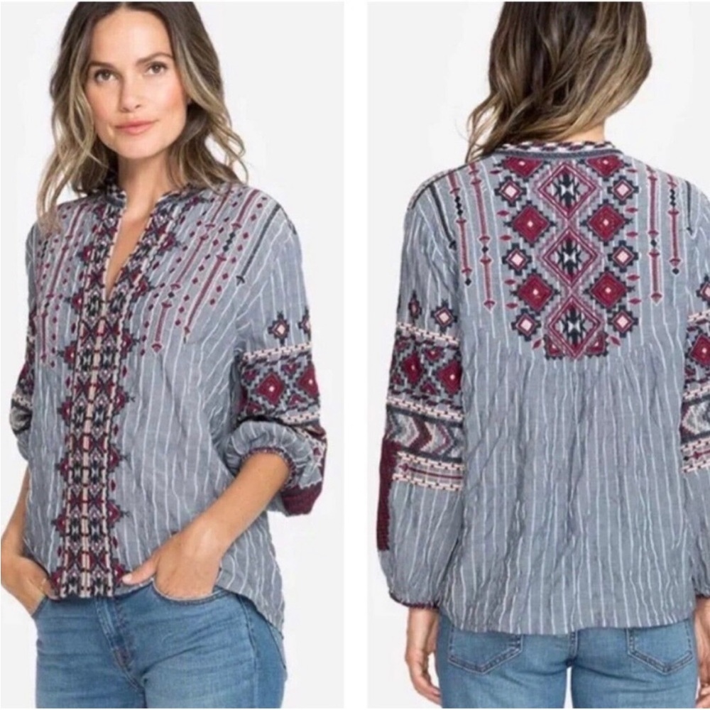 Johnny Was Workshop Nakoma Paris Embroidered Striped Blouse